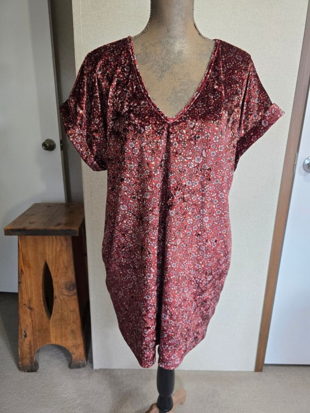 Meritt Large Boho Burgundy Velvet Floral V Neck Short Sleeve Mini Dress